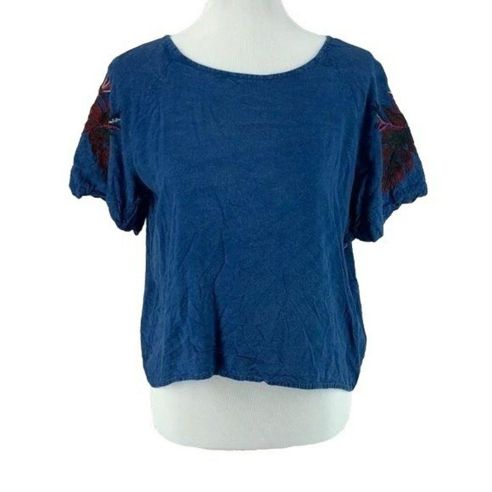 Style Envy Womans Y2K Blue Embroidered Sleeve Boho Short Sleeve‎ Blouse Size XL